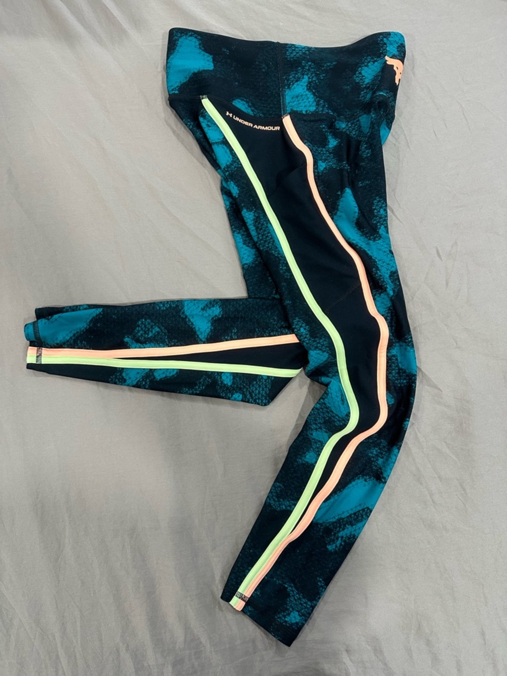 Project Rock Teal Snake-Print Leggings with Neon Green & Peach Side Stripes